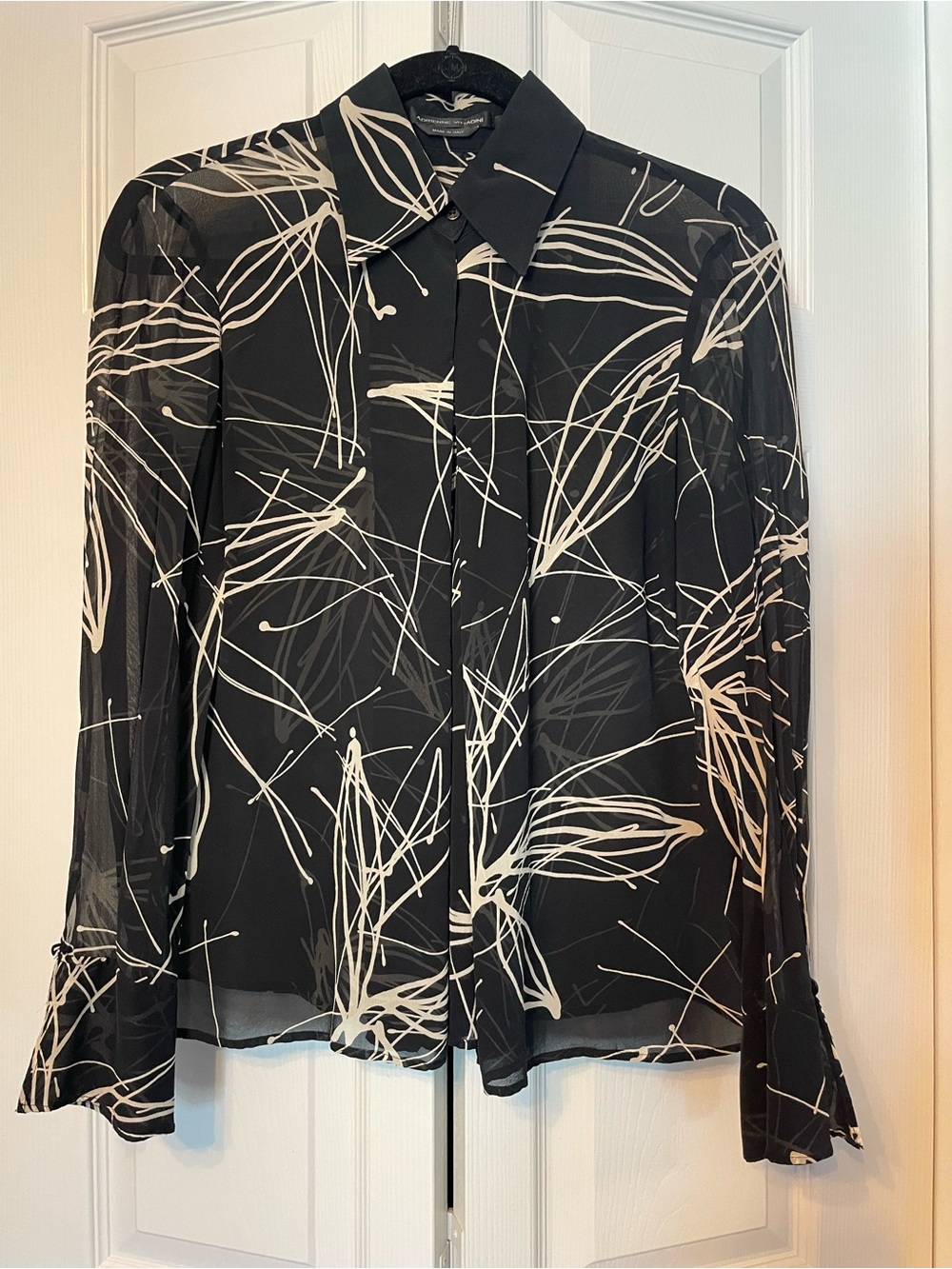 100% Silk - Black Abstract-Print Sheer Button-Down Blouse - Made in Italy